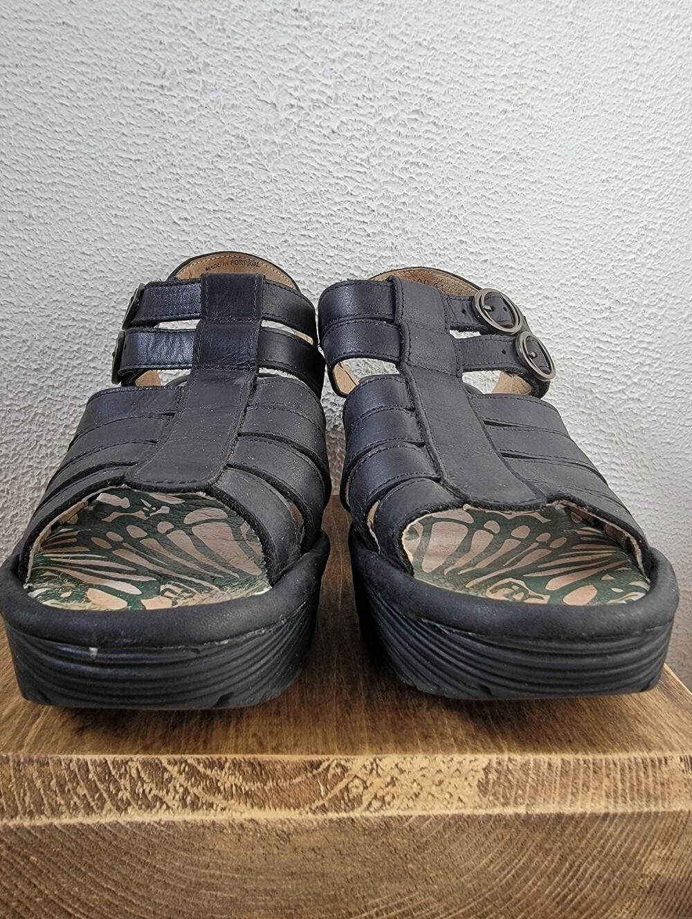 Fly London Sandals 41/US 10 Platform Wedge Heels Black Leather, Portugal - READ - Picture 11 of 14